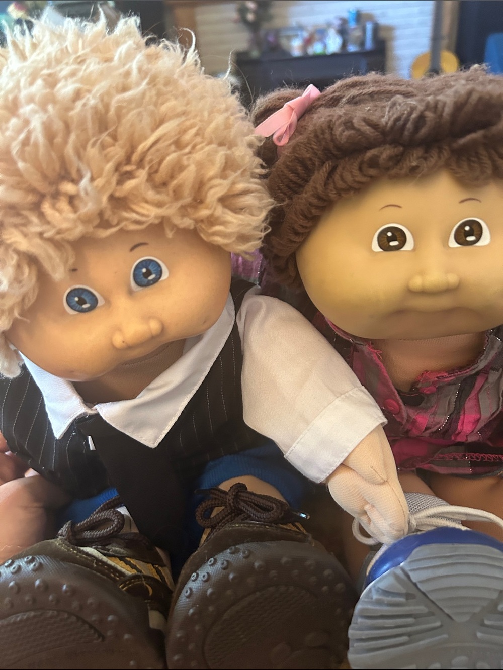 Plush Cabbage Patch Style Kids Doll Pair - Blonde & Brown, as is, vintage, TLC